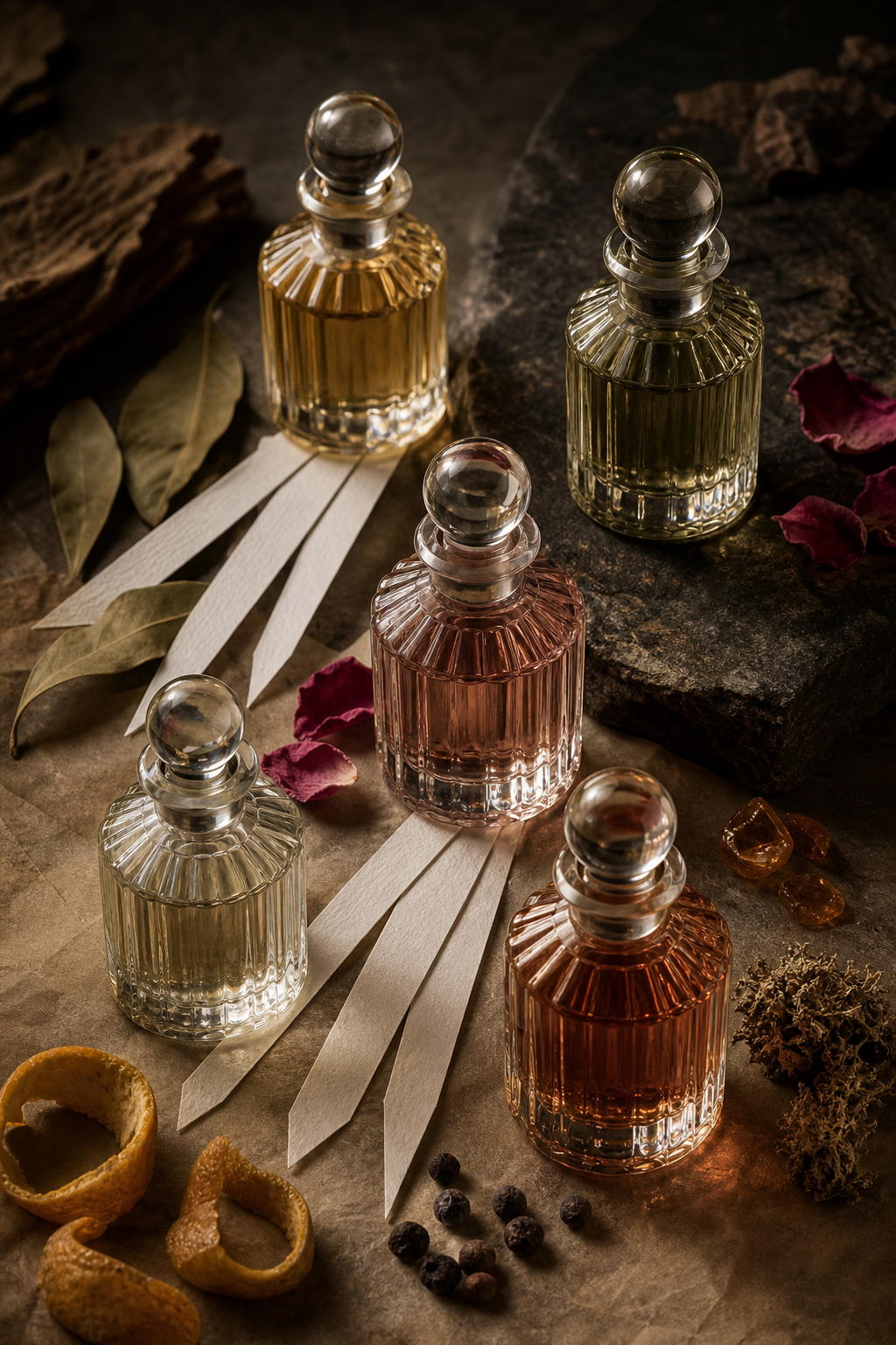 Five artisan perfume bottles arranged with blotters, botanicals, citrus peel, resin, and petals