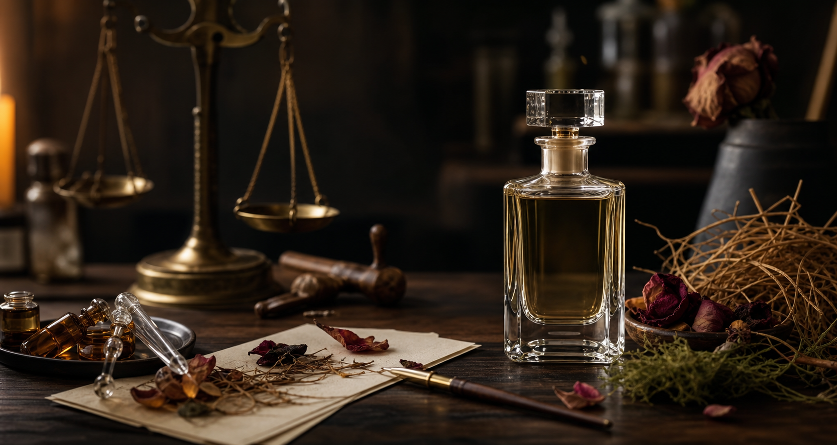 Perfume bottle, botanicals, pipettes, and brass atelier tools on a dark workbench