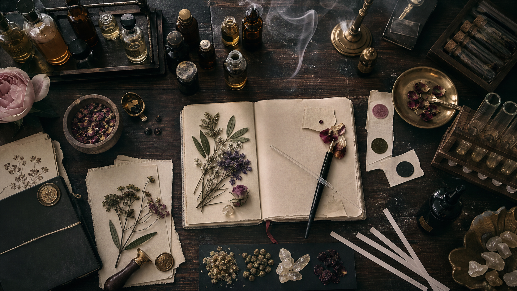 Overhead view of perfumery notebooks, vials, botanicals, blotters, and wax seals